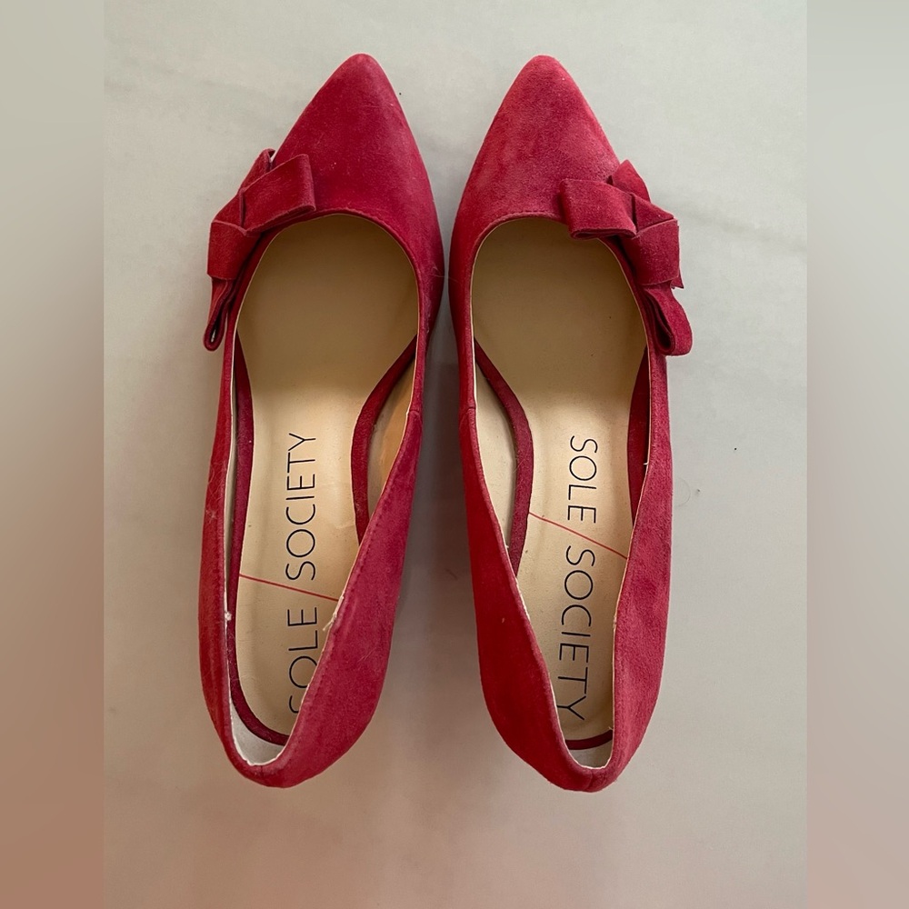 Sole Society Women's Vibrant Red “Theirien” Bow Flats with wedge heel.